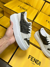 FENDI THICK-SOLDED SNEAKER IN WHITE SUEDE AND BROWN MONOGRAM FABRIC