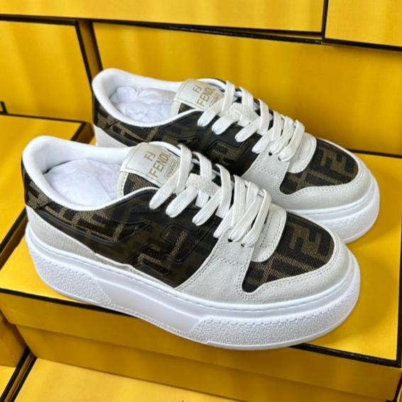 FENDI THICK-SOLDED SNEAKER IN WHITE SUEDE AND BROWN MONOGRAM FABRIC