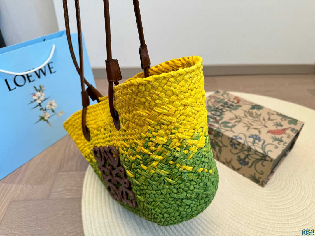LOE SMALL ANAGRAM BASKET 28 BAG IN YELLOW MIX GREEN IRACA PALM AND CALFSKIN