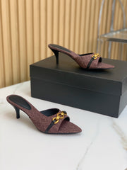 SL CHAIN ATTACH HEELED MULES BROWN DENIM