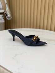 SL CHAIN ATTACH HEELED MULES INDIGO DENIM