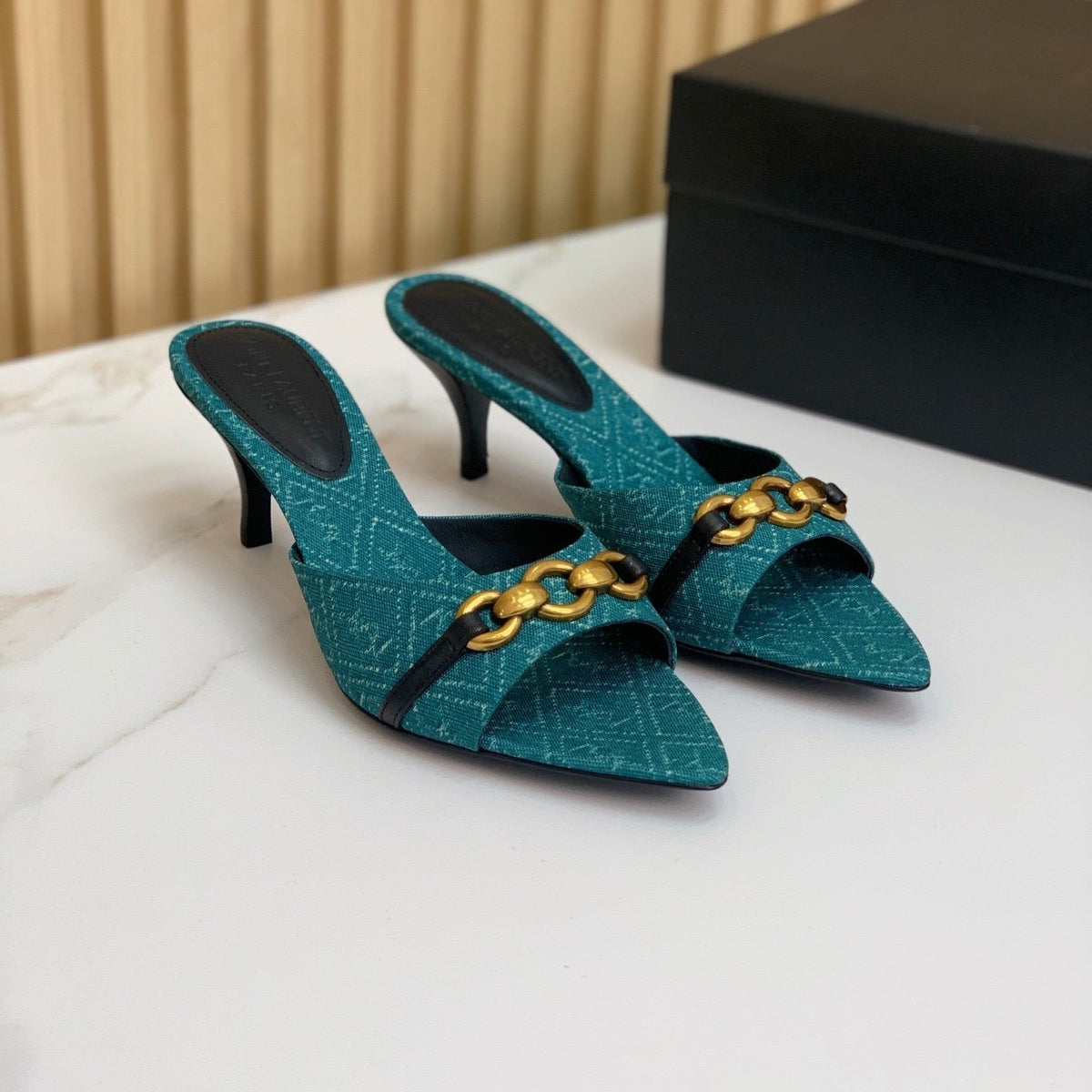 SL CHAIN ATTACH HEELED MULES SAPPHIRE DENIM