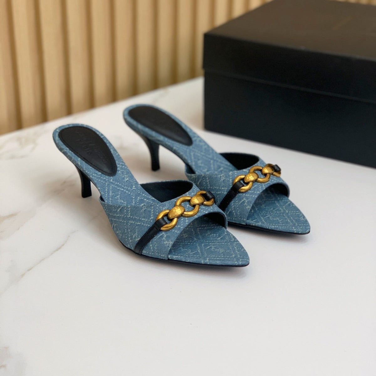 SL CHAIN ATTACH HEELED MULES CERULEAN DENIM