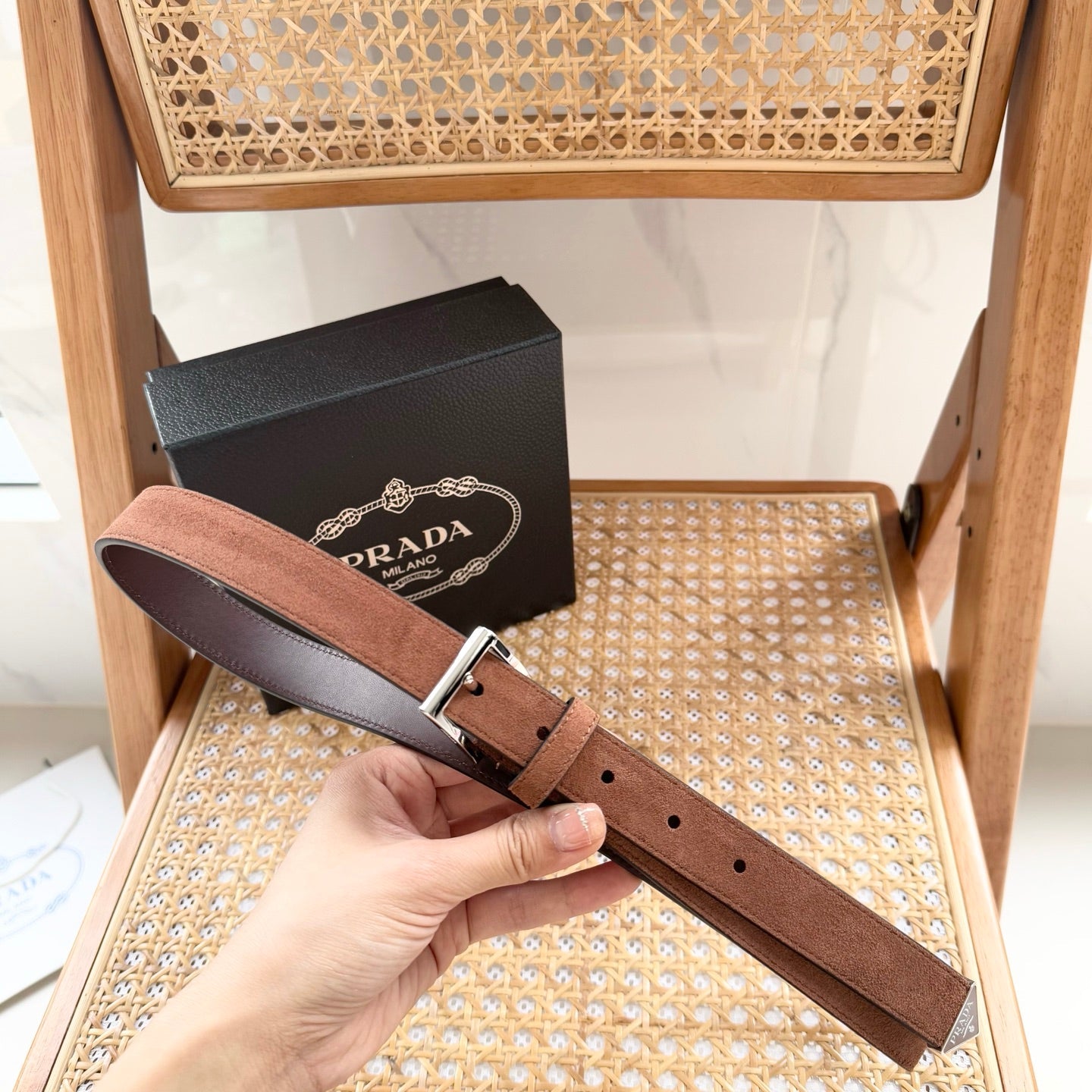 PRADA 25S BELT 25 MM IN BROWN SUEDE 542642