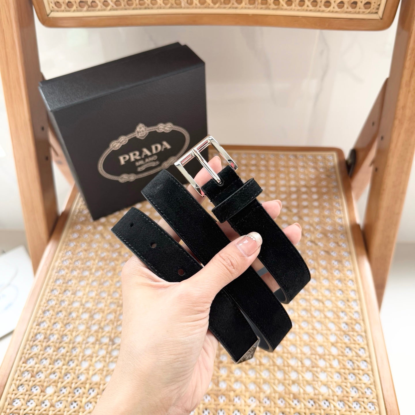 PRADA 25S BELT 25 MM IN BLACK SUEDE 542640