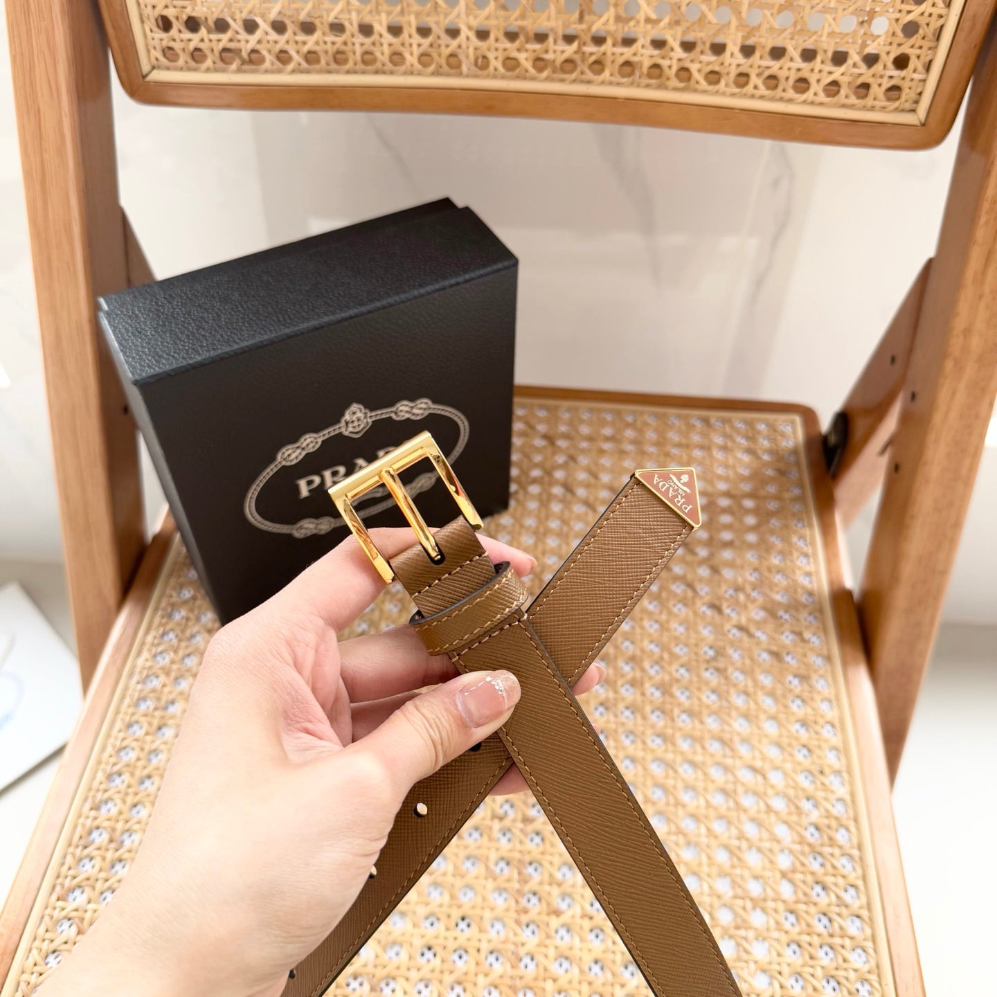 PRADA 25S BELT 25 MM IN LIGHT BROWN CALFSKIN 542646