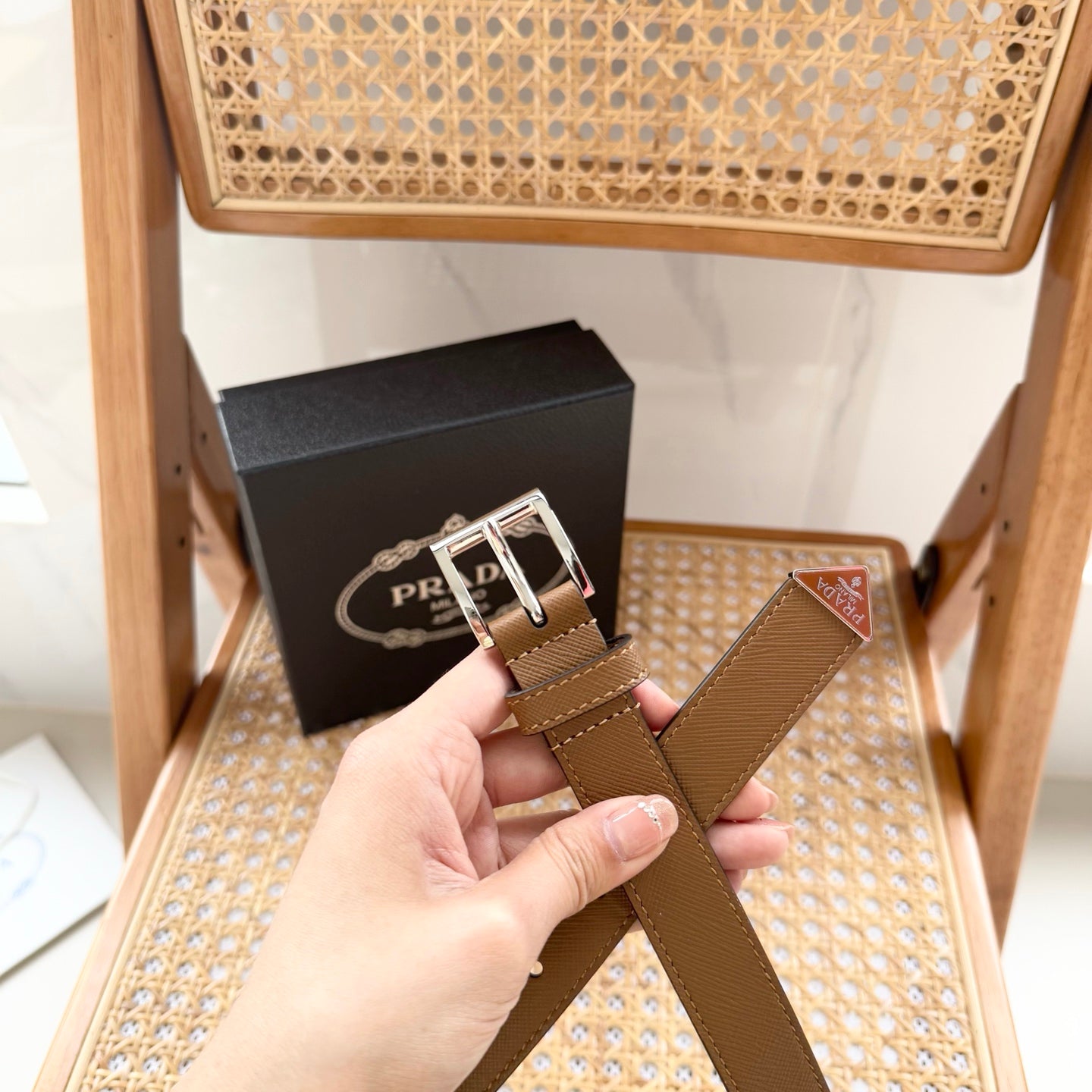 PRADA 25S BELT 25 MM IN LIGHT BROWN CALFSKIN 542647