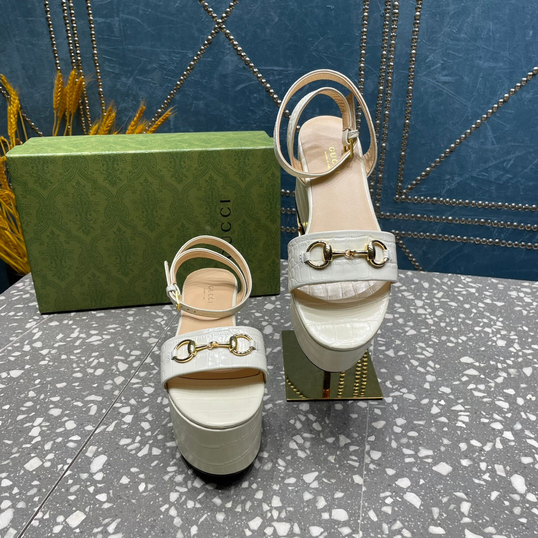GG  HORSEBIT FLATFORM SANDAL GLOSSY WHITE CALFSKIN