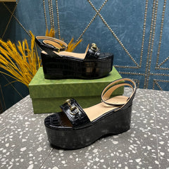 GG  HORSEBIT FLATFORM SANDAL GLOSSY BLACK CALFSKIN