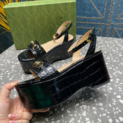 GG  HORSEBIT FLATFORM SANDAL GLOSSY BLACK CALFSKIN