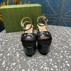 GG  HORSEBIT FLATFORM SANDAL GLOSSY BLACK CALFSKIN