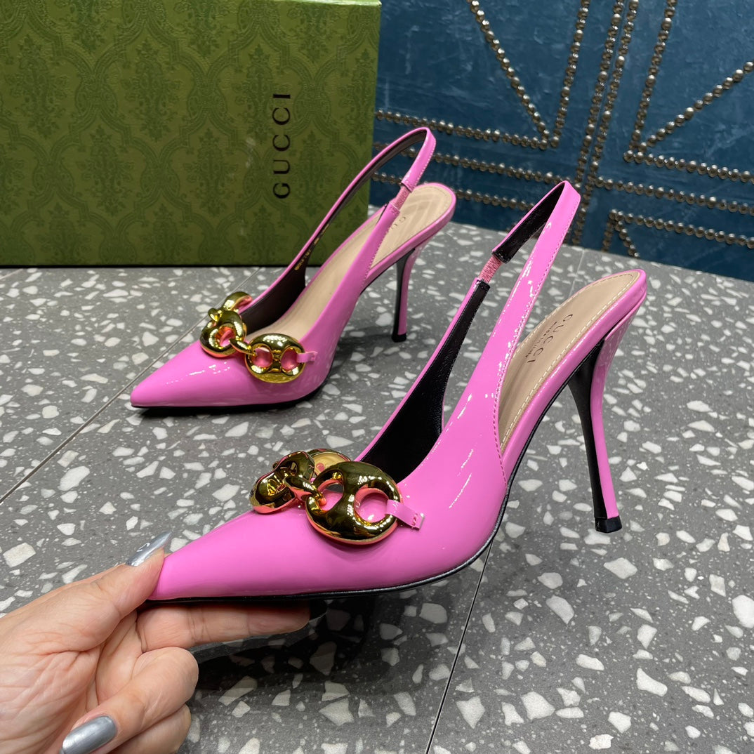 WOMEN'S SLINGBACK 10.5 CM IN FUSCIA PINK CALFSKIN WITH GOLD HARDWARE
