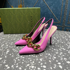 WOMEN'S SLINGBACK 10.5 CM IN FUSCIA PINK CALFSKIN WITH GOLD HARDWARE