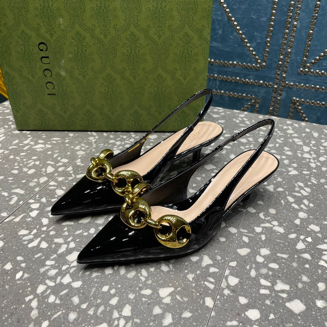 WOMEN'S SLINGBACK 45MM IN BLACK CALFSKIN WITH GOLD HARDWARE