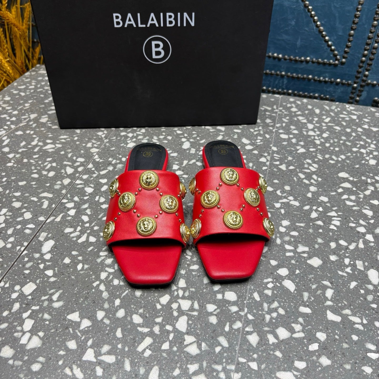 BALMAIN 26S SLIPPERS IN RED CALFSKIN WITH GOLD HARDWARE
