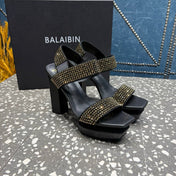 BALMAIN 26S HIGH-HEELED SANDALS 105 MM IN BLACK CALFSKIN WITH GOLD STONE EMBELLISHED