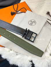 HM NATHAN REVERSIBLE BELT  32MM OLIVE GREEN AND BLACK LEATHER BLACK HARDWARE