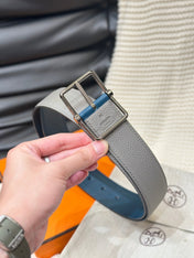 HM HADRIEN 38MM REVERSIBLE BELT GREY AND AEGEAN BLUE LEATHER SILVER BUCKLE