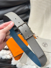 HM HADRIEN 38MM REVERSIBLE BELT GREY AND AEGEAN BLUE LEATHER SILVER BUCKLE