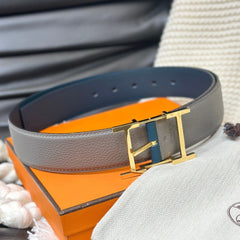 HM HADRIEN 38MM REVERSIBLE BELT GREY AND BLUE LEATHER GOLD BUCKLE