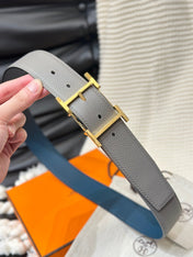 HM HADRIEN 38MM REVERSIBLE BELT GREY AND BLUE LEATHER GOLD BUCKLE