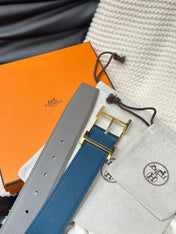 HM HADRIEN 38MM REVERSIBLE BELT GREY AND BLUE LEATHER GOLD BUCKLE