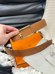 HM TUBE H BELT GOLD BUCKLE & REVERSIBLE GINGER ORANGE LEATHER STRAP 38MM