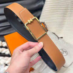 HM TUBE H BELT GOLD BUCKLE & REVERSIBLE GINGER ORANGE LEATHER STRAP 38MM