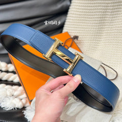 HM 5382 BELT GOLD BUCKLE & REVERSIBLE NAVY BLUE LEATHER STRAP 38MM