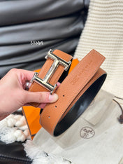 HM 5382 BELT SILVER BUCKLE & REVERSIBLE ORANGE LEATHER STRAP 38MM