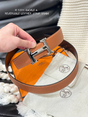 HM 5382 BELT SILVER BUCKLE & REVERSIBLE ORANGE LEATHER STRAP 38MM