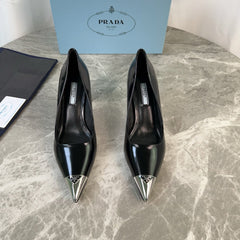PRADA 25S METAL-CAPPED POINTED-TOE HIGH HEELS IN BLACK CALFSKIN