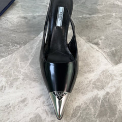 PRADA 25S METAL-TOE SLINGBACK PUMPS IN BLACK CALFSKIN