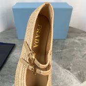 PRADA 25S BALLET FLAT IN NATURAL RAFFIA AND CALFSKIN