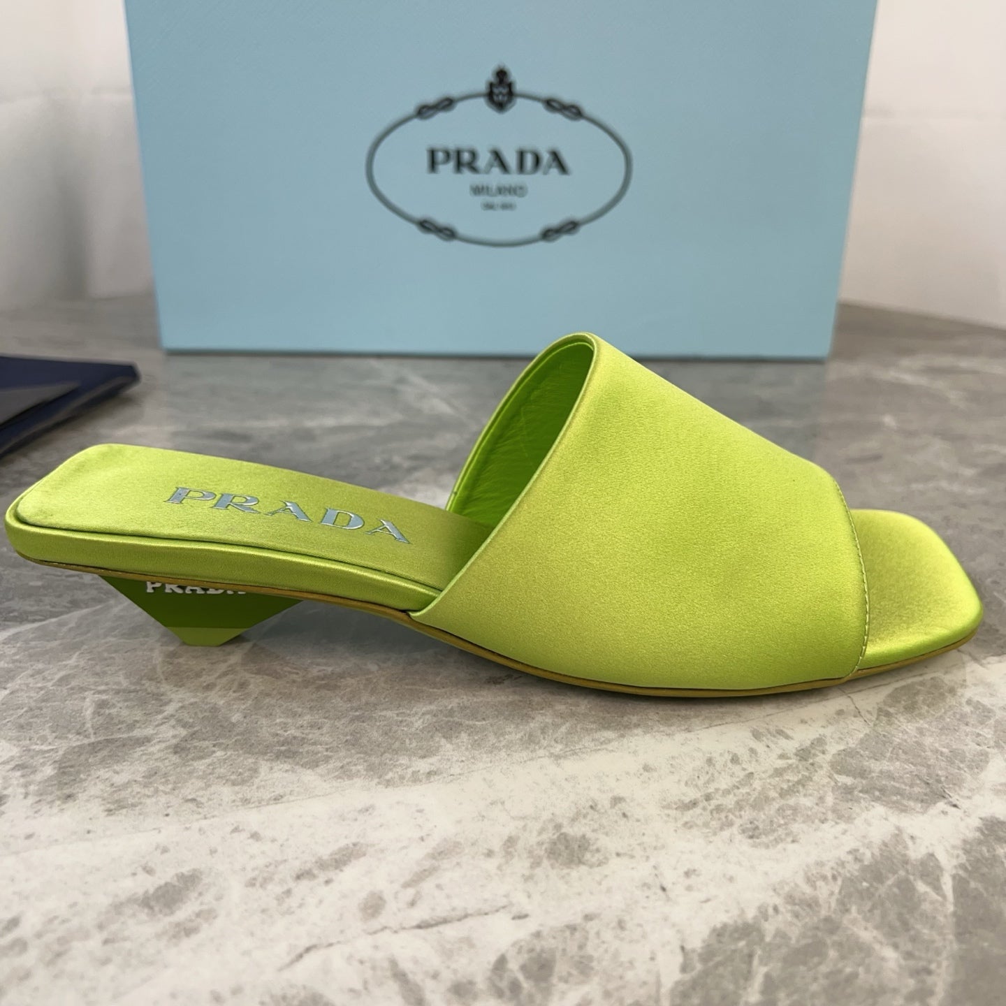 PRADA 25S TRIANGLE HEEL SANDALS 35MM IN LIME YELLOW SATIN