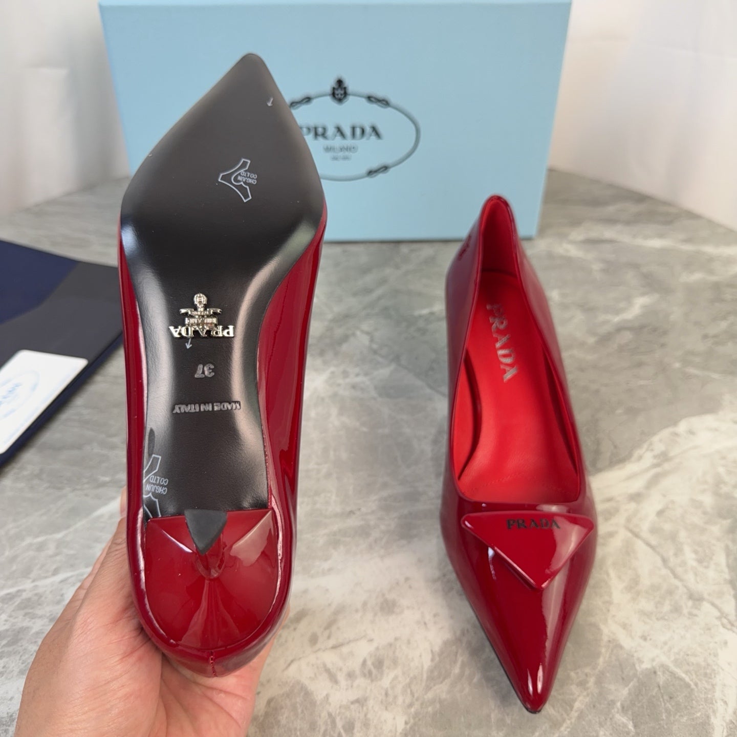PRADA 25S POINTED-TOE HIGH HEELS 55 MM IN DARK RED GLOSSY LAMBSKIN
