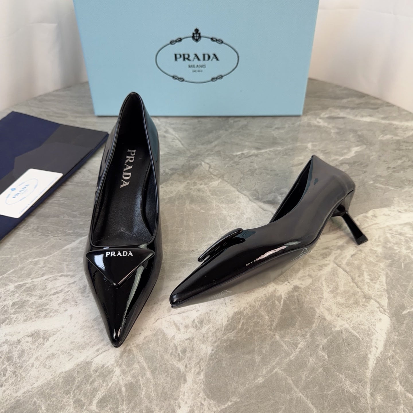 PRADA 25S POINTED-TOE HIGH HEELS 55 MM IN BLACK GLOSSY LAMBSKIN