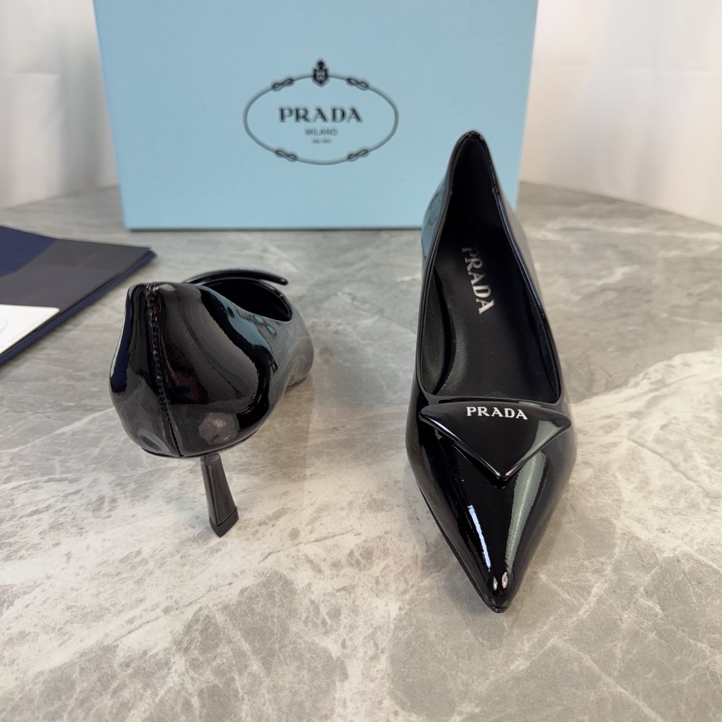PRADA 25S POINTED-TOE HIGH HEELS 55 MM IN BLACK GLOSSY LAMBSKIN