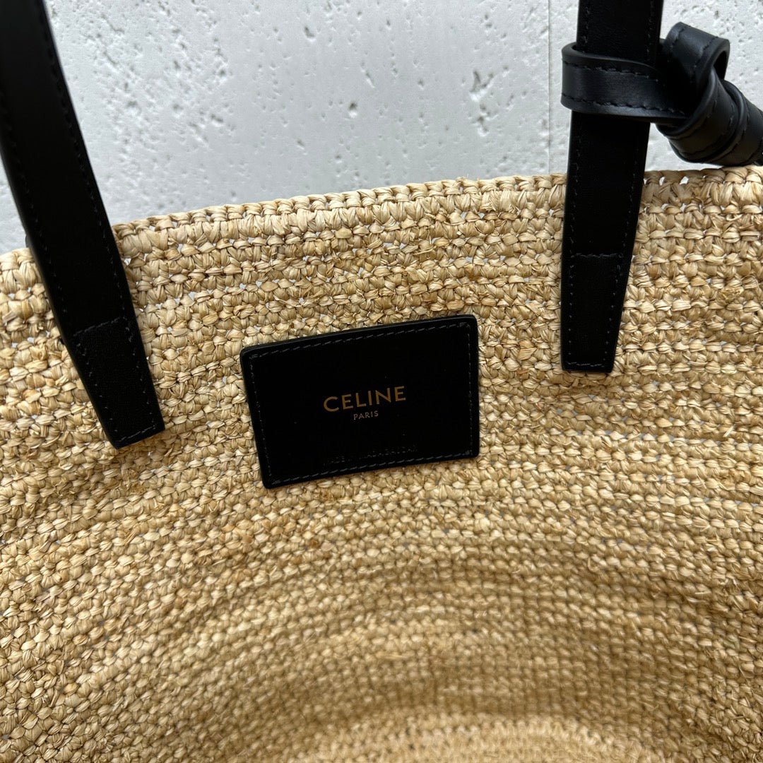 CELINE 25S TEEN BAG 22 IN NATURAL MIX BLACK RAFFIA CALFSKIN SHOULDER STRAP