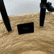 CELINE 25S TEEN BAG 22 IN NATURAL MIX BLACK RAFFIA CALFSKIN SHOULDER STRAP