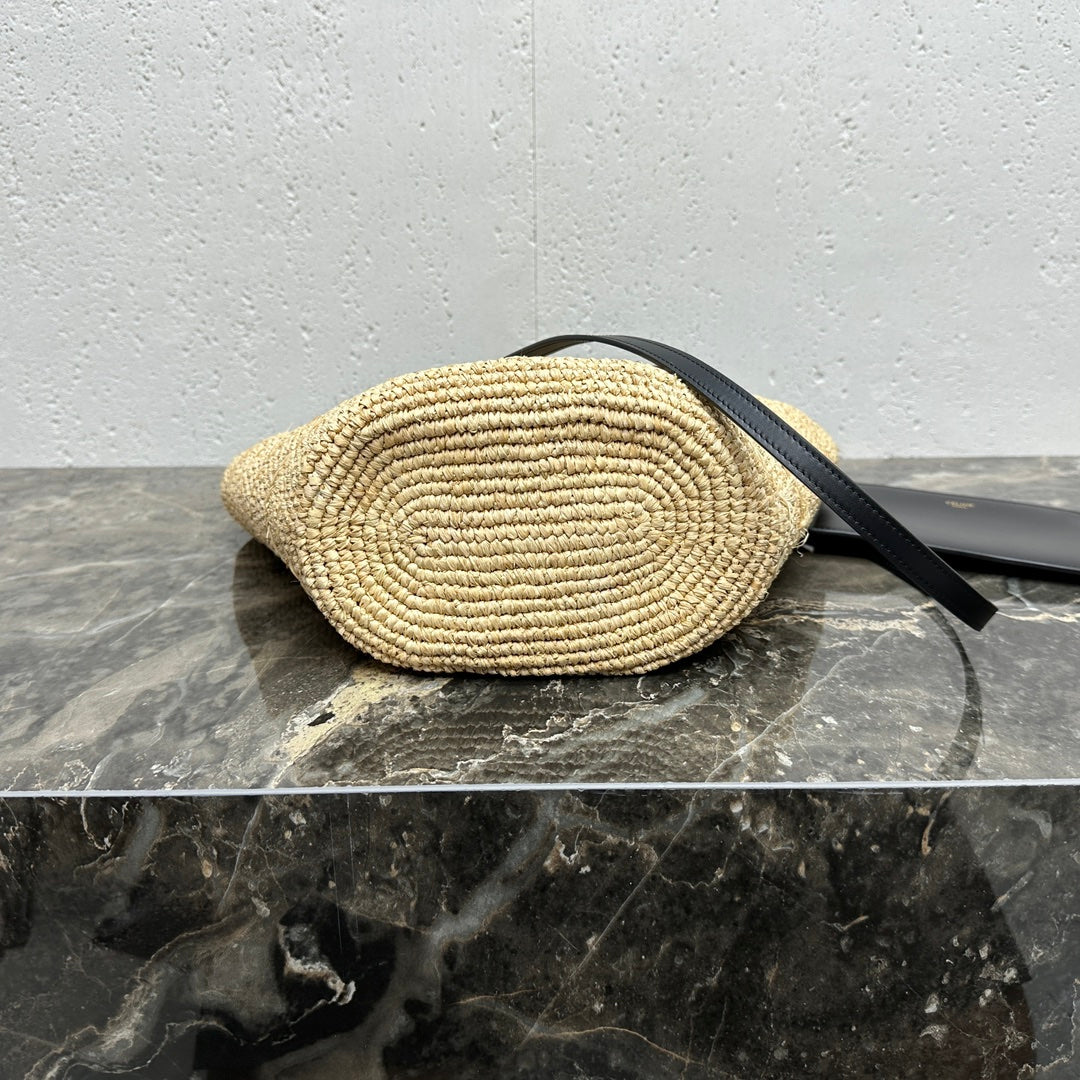 CELINE 25S TEEN BAG 22 IN NATURAL MIX BLACK RAFFIA CALFSKIN SHOULDER STRAP