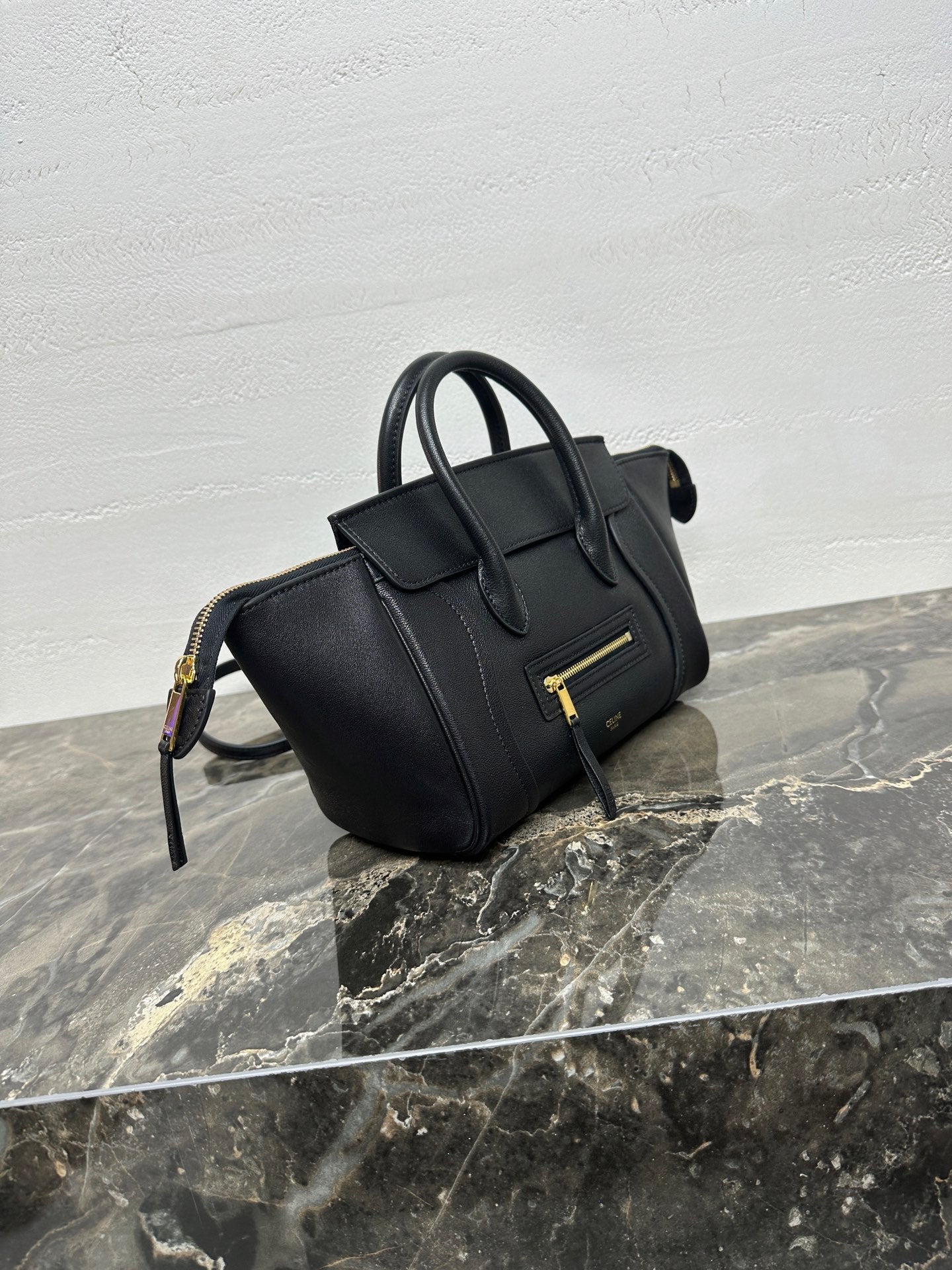 CELINE 25S NEW LUGGAGE 38MM IN BLACK SHINY LAMBSKIN GOLD HARDWARE