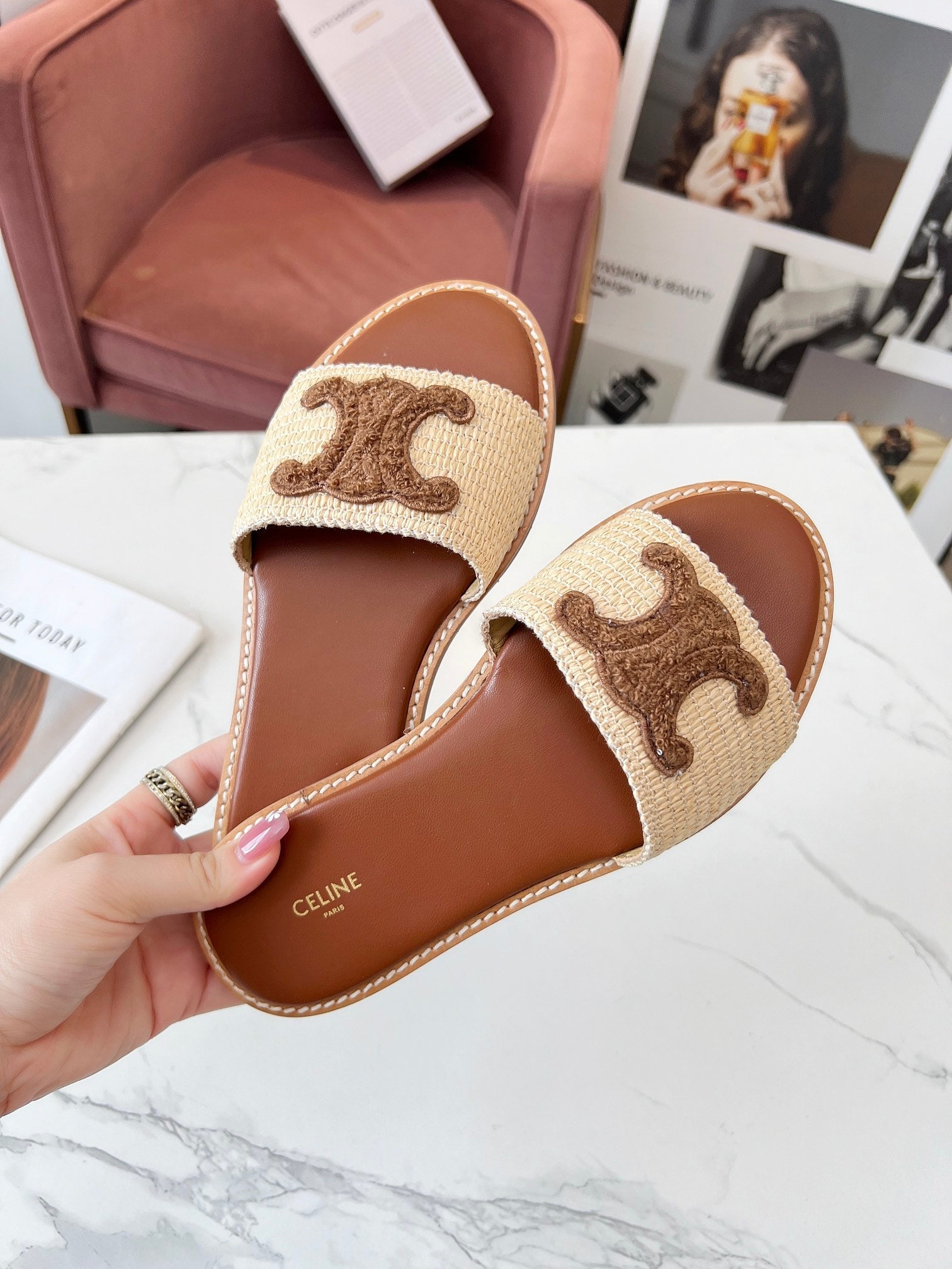 LYMPIA MULE BEIGE RAFFIA AND BROWN WOOL LOGO