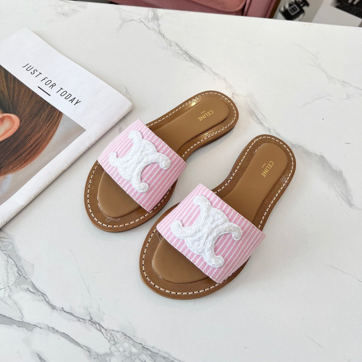 LYMPIA MULE STRIPED LIGHT PINK CANVAS WOOL LOGO