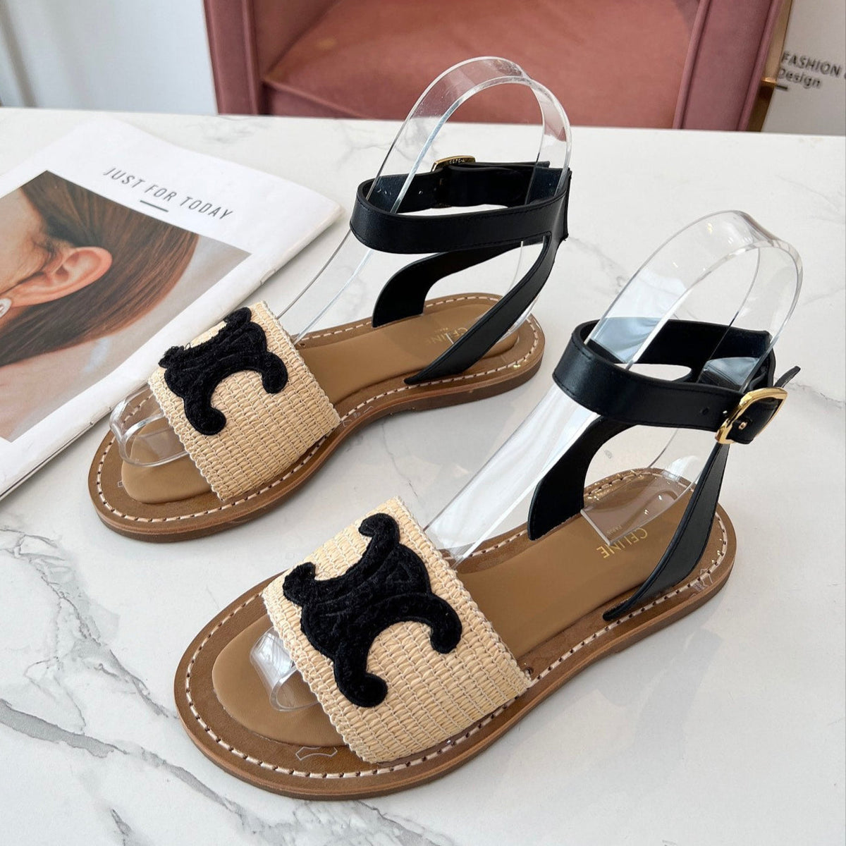 TROMPHE SANDALS BEIGE RAFFIA BLACK WOOL