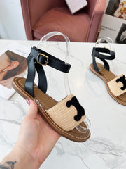 TROMPHE SANDALS BEIGE RAFFIA BLACK WOOL