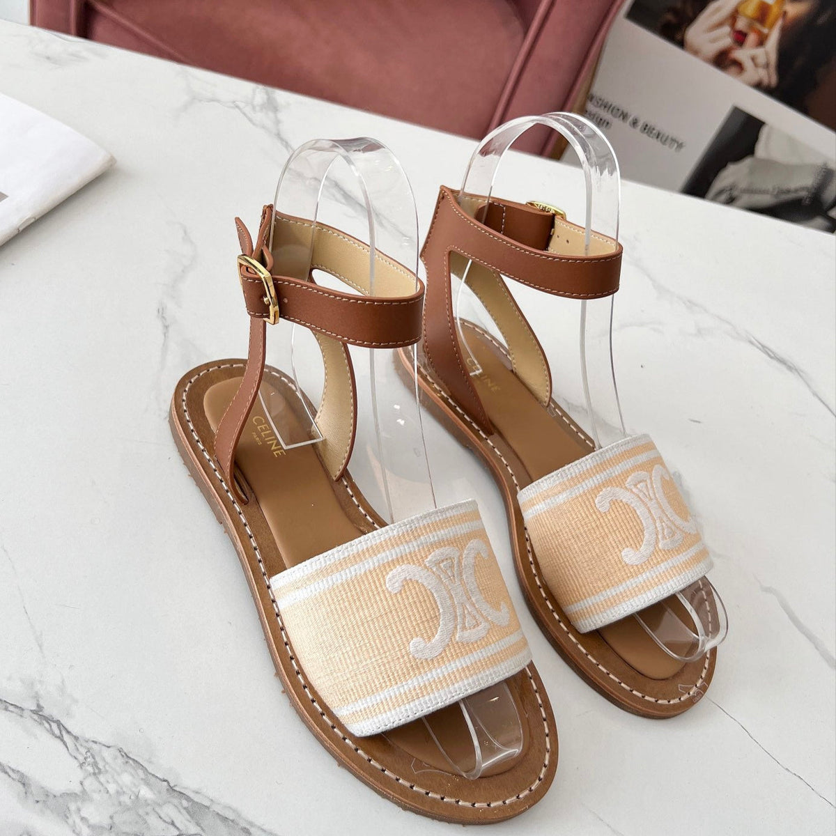 LYMPIA SANDAL IN BISQUE BEIGE MIX WHITE TRIOMPHE JACQUARD CANVAS & CALFSKIN