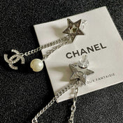 DOUBLE C STUD EARRINGS WITH STAR STONE DOUBLE CHAINS ONE WITH LOGO AND ONE WITH PEARL