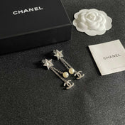 DOUBLE C STUD EARRINGS WITH STAR STONE DOUBLE CHAINS ONE WITH LOGO AND ONE WITH PEARL