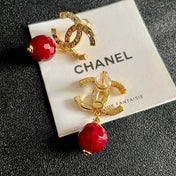 CHANEL 26S DOUBLE C LOGO CRYSTAL & RED BEAD DROP EARRINGS IN GOLD METAL 629983